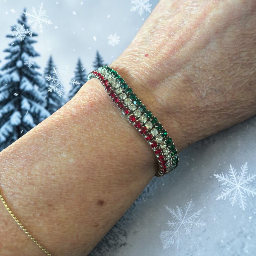 Christmas Rhinestone Stretch Bracelet Red Green Clear Sparkle Holiday Glam